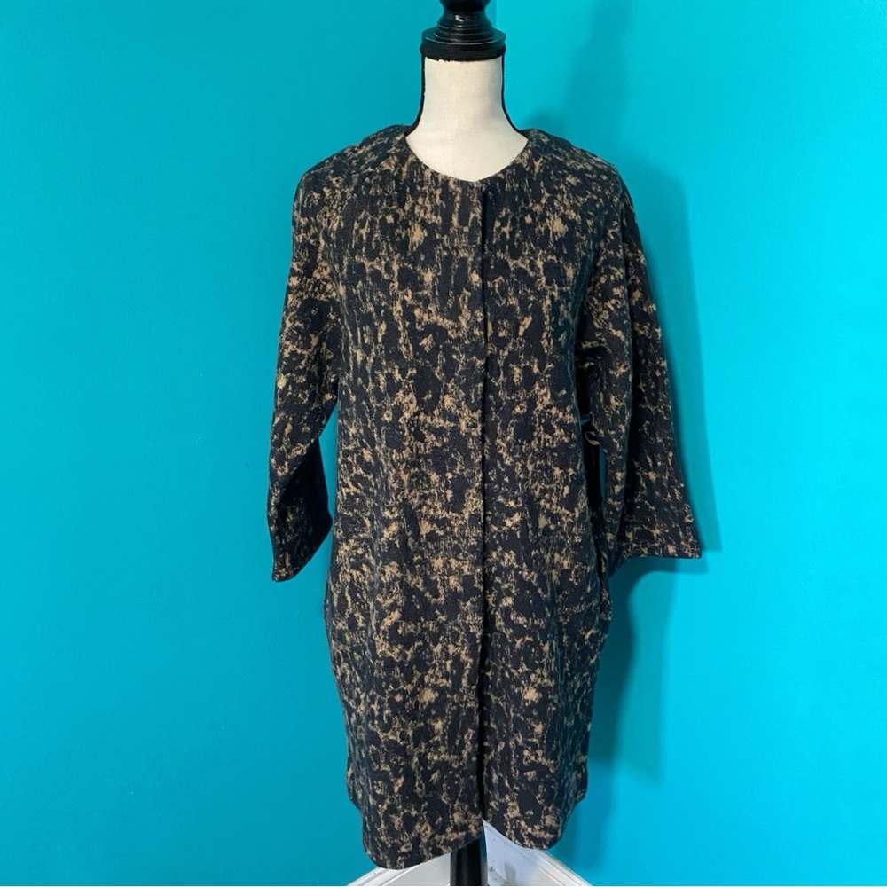 NWT Jones New York M Black Brown Collarless Snap Front Merino Wool Coat